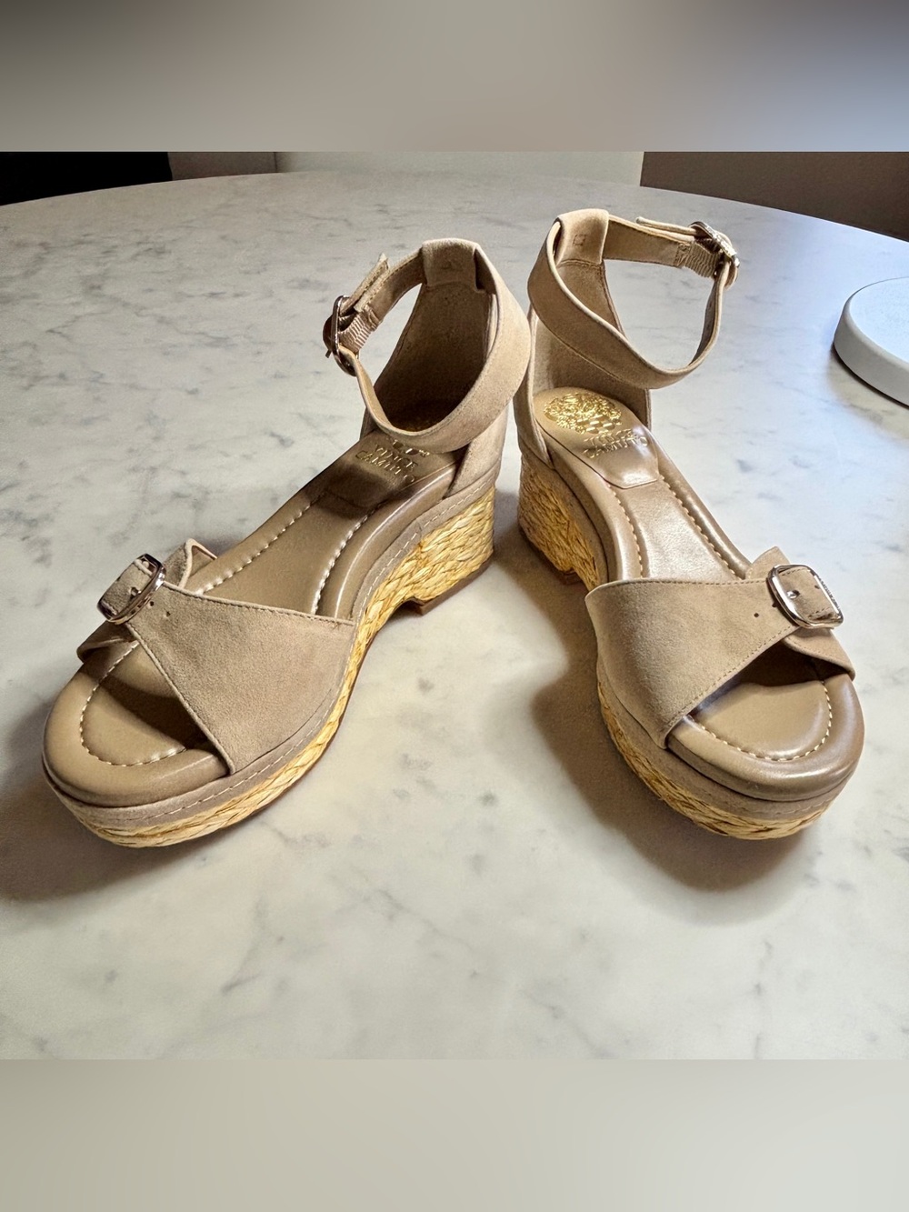 Vince Camuto Taupe Adjustable Wedge Sandals - Meterry 6